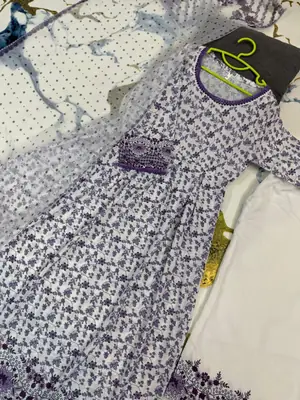 3 Pcs Girl's Lawn Printed Frock And Trouser Set thumbnail 2