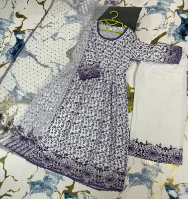 3 Pcs Girl's Lawn Printed Frock And Trouser Set thumbnail 4