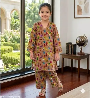 2 Pcs Girl's Cotton Printed Kurta And Trouser