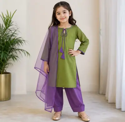 3 Pcs Girl's Cotton Plain Kurta And Shalwar Suit