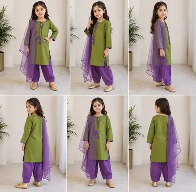 3 Pcs Girl's Cotton Plain Kurta And Shalwar Suit thumbnail 3