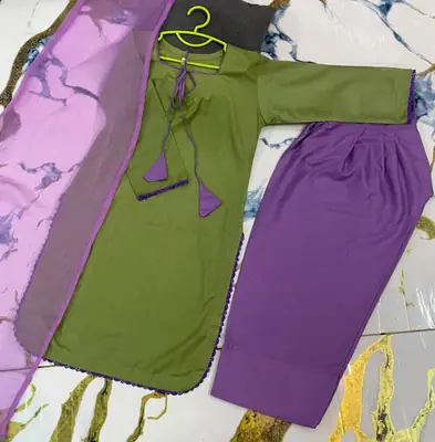 3 Pcs Girl's Cotton Plain Kurta And Shalwar Suit thumbnail 4