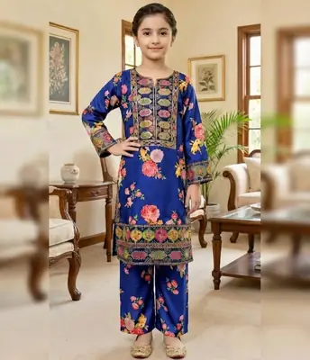 2 Pcs Girl's Arabic Lawn Printed Kurta And Trouser