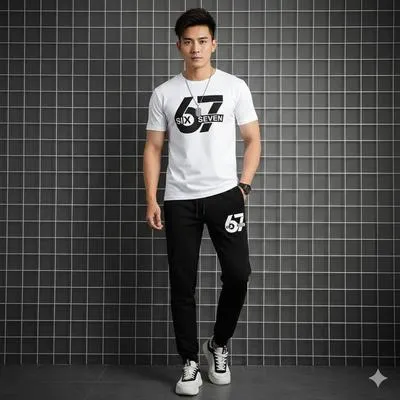 Men Printed Track Suit White Black 67 Logo Summer thumbnail 2