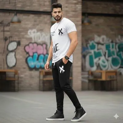 Men Printed Track Suit White Black 2Pcs Set Summer Sale thumbnail 3