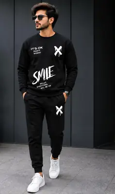 2 Pcs Men's Fleece Printed Sweatshirt Track Suit