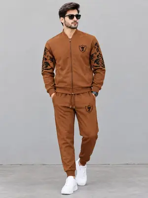 2 Pcs Men's Fleece Printed Zipper Track Suit