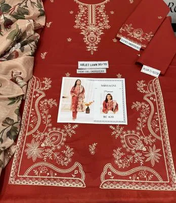 Embroidered Orange Lawn 3-Piece Suit with Printed Dupatta thumbnail 2