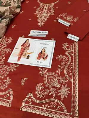 Embroidered Orange Lawn 3-Piece Suit with Printed Dupatta thumbnail 3