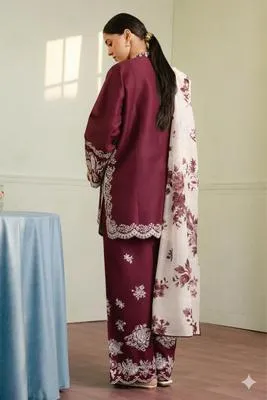 Maroon Embroidered 3-Piece Lawn Suit with Blue Dupatta thumbnail 2