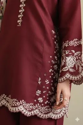 Maroon Embroidered 3-Piece Lawn Suit with Blue Dupatta thumbnail 3