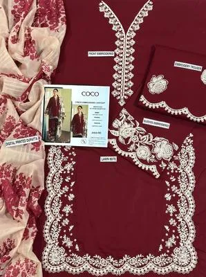 Maroon Embroidered 3-Piece Lawn Suit with Blue Dupatta thumbnail 4