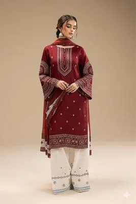 Maroon Embroidered 3-Piece Lawn Suit for Women