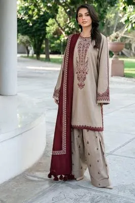 Unstitched 3-Piece Lawn Suit Beige with Embroidery & Dupatta thumbnail 2