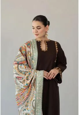 Elegant 3-Piece Brown Lawn Suit with Gold Embroidery & Digital Dupatta thumbnail 2