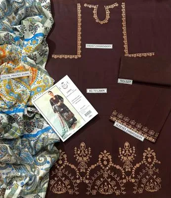 Elegant 3-Piece Brown Lawn Suit with Gold Embroidery & Digital Dupatta thumbnail 3