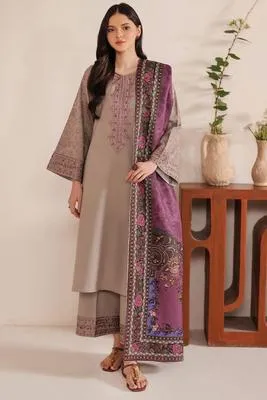 Beige Lawn 3-Piece Suit with Purple Digital Print Dupatta thumbnail 4