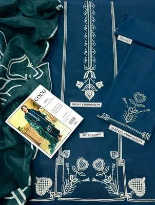 3-Piece Embroidered Lawn Suit Blue Green for Women thumbnail 3