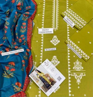 Green Embroidered 3-Piece Lawn Suit for Eid & Weddings thumbnail 3