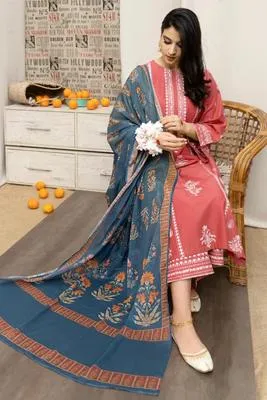 Unstitched 3-Piece Lawn Suit Pink Blue Embroidered thumbnail 2