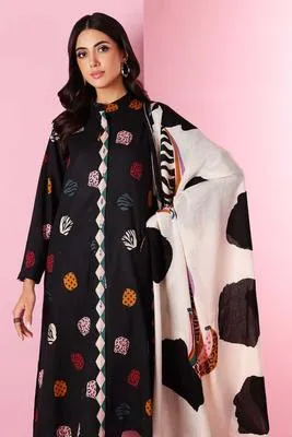 Black Embroidered Lawn 3-Piece Suit with Digital Print Dupatta thumbnail 2