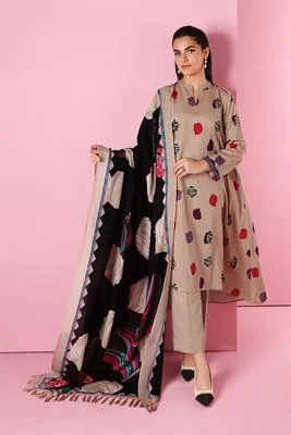 Beige Digital Print 3-Piece Lawn Suit with Embroidered Dupatta thumbnail 2