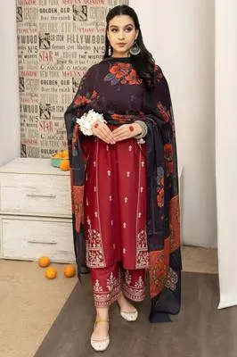 Maroon Embroidered 3-Piece Lawn Suit with Digital Print Dupatta thumbnail 2