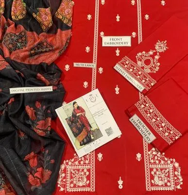 Maroon Embroidered 3-Piece Lawn Suit with Digital Print Dupatta thumbnail 3