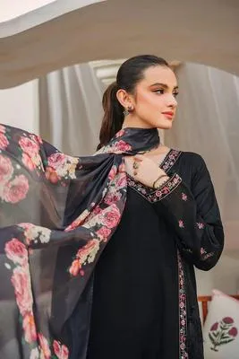 Black Embroidered 3-Piece Lawn Suit for Women thumbnail 2