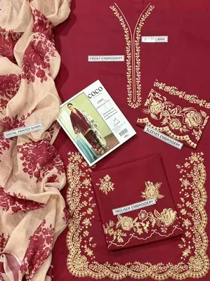 Maroon 3 Pcs Embroidered Lawn Suit with Digital Print Dupatta thumbnail 2
