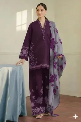 Purple Embroidered Lawn 3Pcs Set with Digital Print Dupatta thumbnail 4