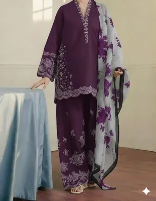Purple Embroidered Lawn 3Pcs Set with Digital Print Dupatta thumbnail 2