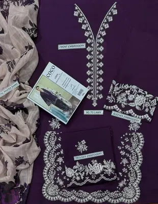 Purple Embroidered Lawn 3Pcs Set with Digital Print Dupatta thumbnail 3