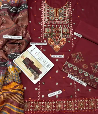 Maroon Embroidered Lawn 3Pcs Set with Dupatta thumbnail 3