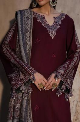 Maroon Embroidered 3-Piece Lawn Suit for Eid & Parties thumbnail 3