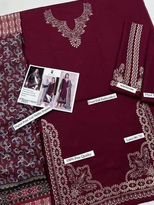 Maroon Embroidered 3-Piece Lawn Suit for Eid & Parties thumbnail 4