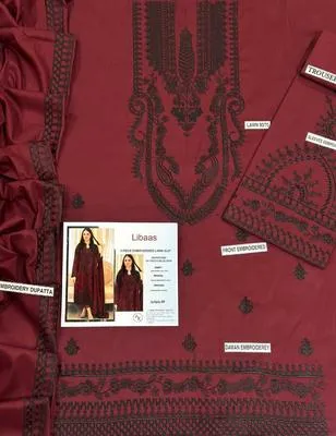 Maroon Embroidered 3-Piece Lawn Suit for Women thumbnail 2