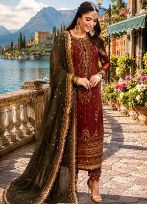 3 Pcs Women's Unstitched Sequins Embroidered Suit
