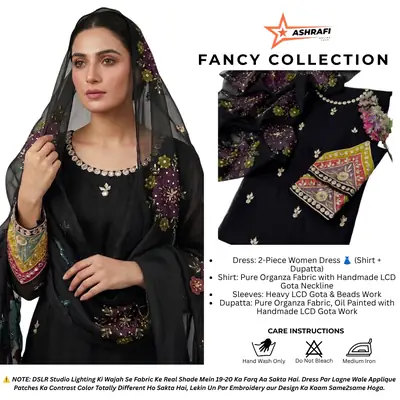 Womens Unstitched Organza Embroidered 2 Piece Suit Black with Handmade LCD Gota Work Customized