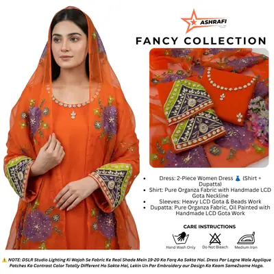 Womens Unstitched Organza Embroidered 2 Piece Suit Orange with Handmade LCD Gota Work Customized