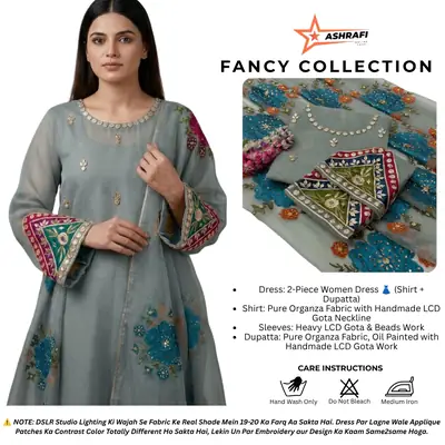 Womens Unstitched Organza Embroidered 2 Piece Suit Grey (Sleeti / Silver Grey) with Handmade LCD Gota Work Customized