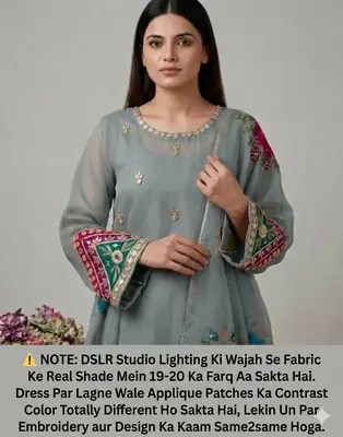 Womens Unstitched Organza Embroidered 2 Piece Suit Grey (Sleeti / Silver Grey) with Handmade LCD Gota Work Customized thumbnail 3