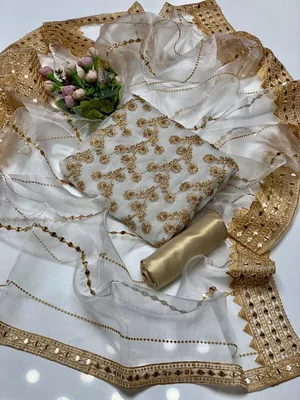 Fancy 3-Piece Embroidered Suit White Organza Dupatta Eid Wedding Party Wear Unstitched Pakistan thumbnail 2