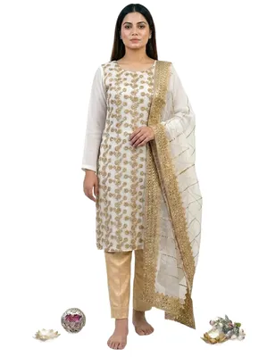 Fancy 3-Piece Embroidered Suit White Organza Dupatta Eid Wedding Party Wear Unstitched Pakistan thumbnail 3