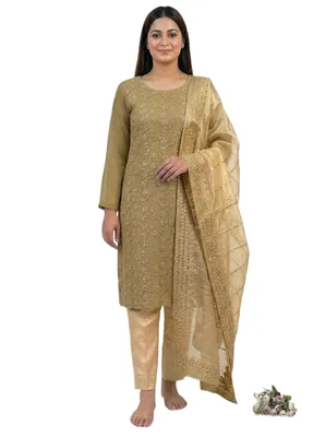 Fancy 3-Piece Embroidered Suit Golden Chiffon with Organza Dupatta thumbnail 3