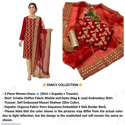 Fancy Red Embroidered 3-Piece Women Suit with Organza Dupatta