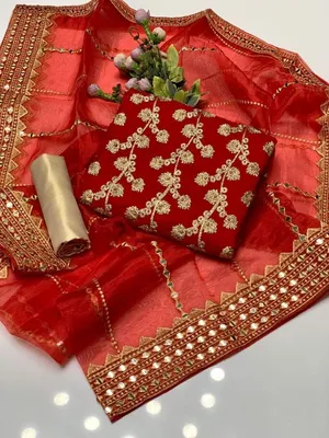 Fancy Red Embroidered 3-Piece Women Suit with Organza Dupatta thumbnail 2