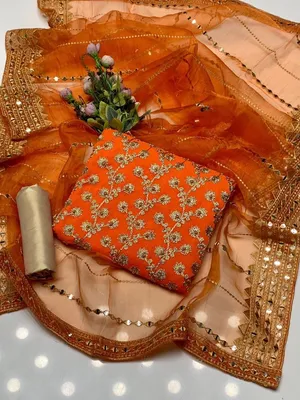 Fancy 3-Piece Women Suit Orange Embroidered Organza Dupatta thumbnail 2