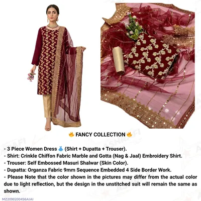 Fancy Maroon 3-Piece Chiffon Suit with Sequins Dupatta