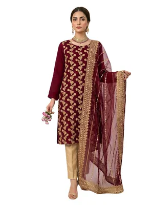 Fancy Maroon 3-Piece Chiffon Suit with Sequins Dupatta thumbnail 3